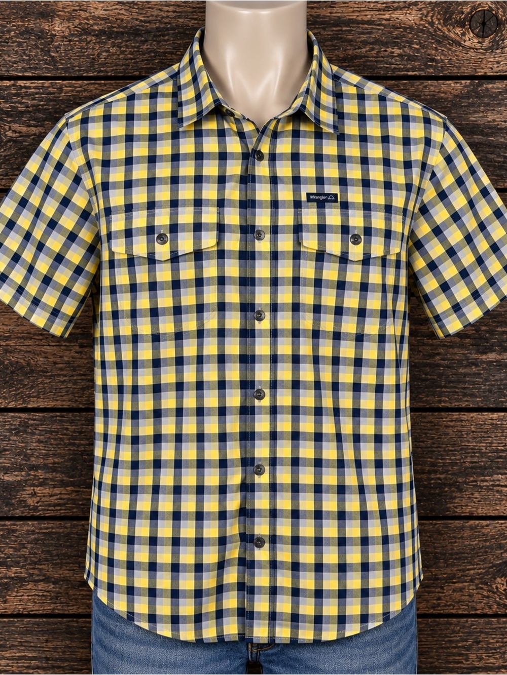 Wrangler Mens Yellow & Black Plaid Short Sleeve Button-Up Shirt XL Regular Fit